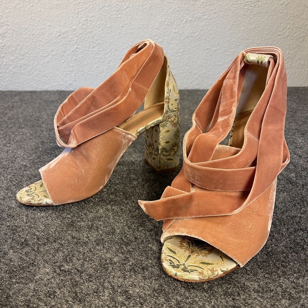 Lewit Velvet Wrap Heels Womens 38.5/7.5 Pink Brocade Block Sandals Made in Italy